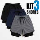 Kit 3 Shorts 2 em 1  Dry Masculino Corrida e Academia com Forro de Compressão